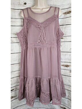 Lucky Brand Pink Chiffon Lace Dress XL Sleeveless Shift Ruffle Coquette Cottage